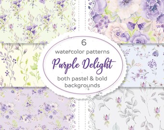 Watercolor floral patterns in purple and blush: set of 6