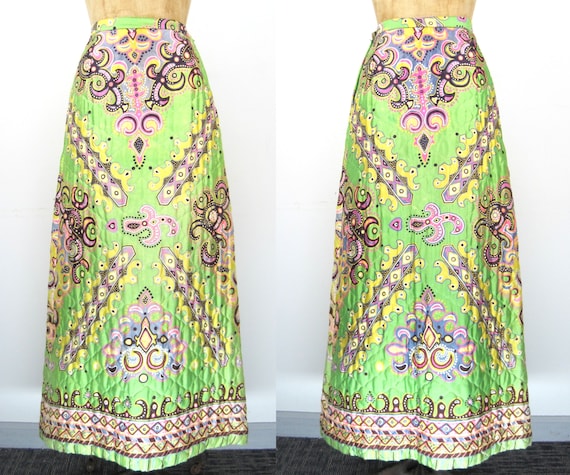 60s quilted maxi skirt, green maxi skirt, hippie s
