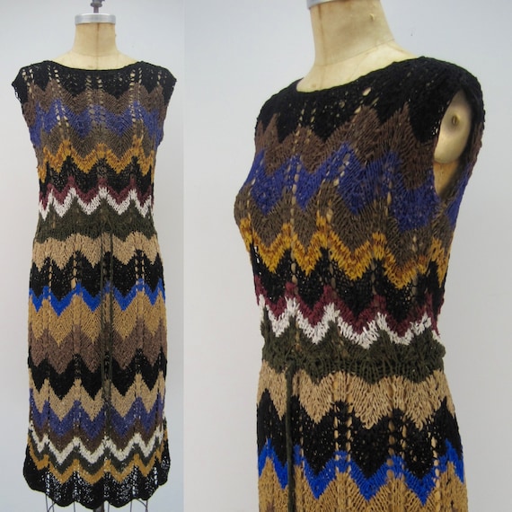 Vintage 70s knit suede dress, chevron knit dress