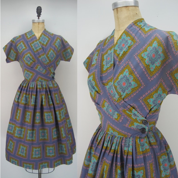 Vintage 50s Don-About wrap dress, cotton wrap dres