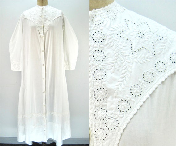 Antique cotton whitework robe, broderie anglaise e