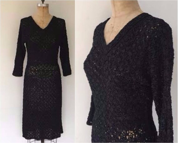 Vintage 50s rayon ribbon crochet dress, black ribb