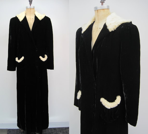 Vintage 40s black rayon velvet hooded cloak, fur t