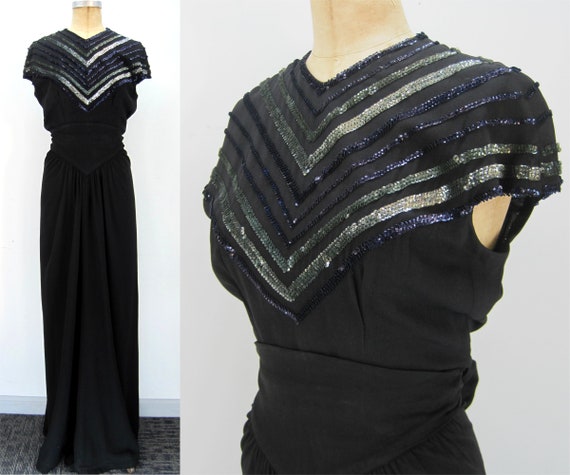 40s evening gown, 40s cocktail dress, sequin gown,