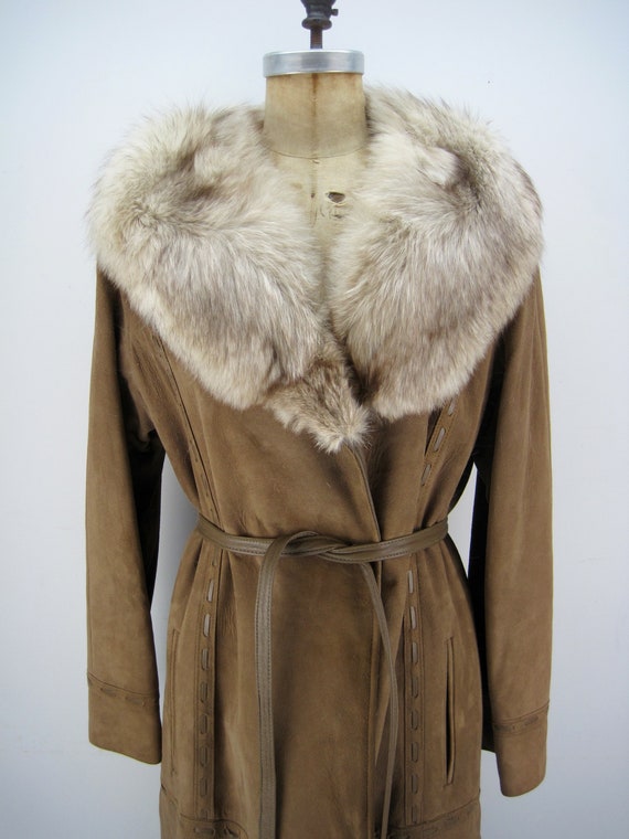 Vintage 60s 70s suede and fur midi coat, wrap coa… - image 3
