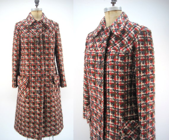 Vintage 60s boucle wool coat, herringbone coat, nu