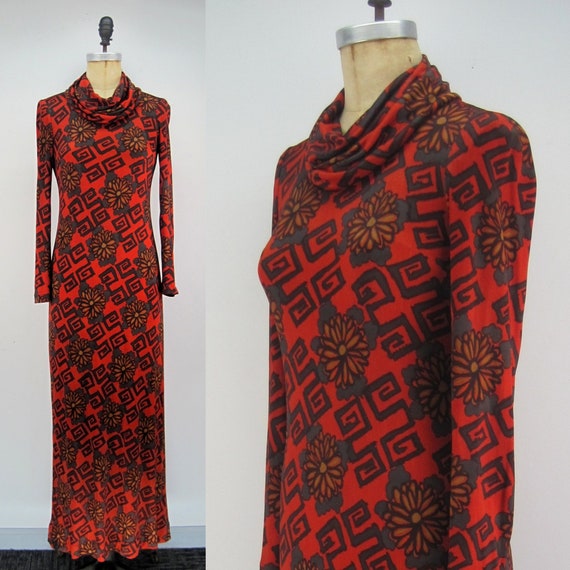 Vintage 70s Bullock's maxi dress, cowl neck maxi d