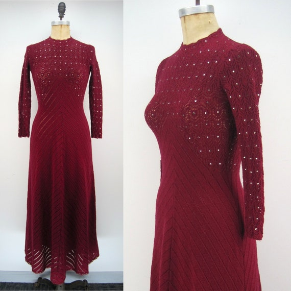 Vintage 70s claret sweater dress, rhinestone sweat