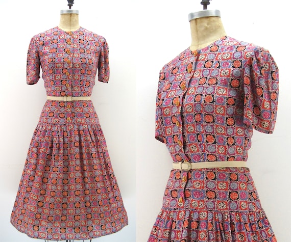 50s silk abstract pattern dress, full skirt dress