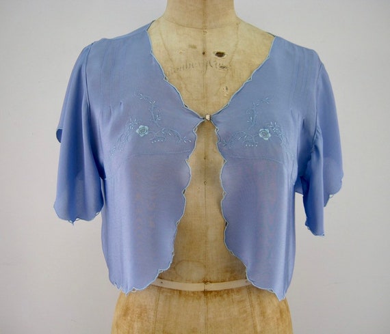 40s rayon bed jacket, blue bed jacket, embroidered