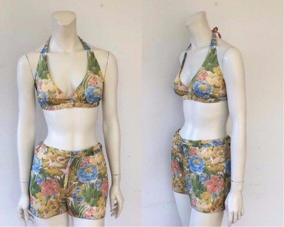 70s does 40s swimsuit, 40s inspired 2 piece bikini