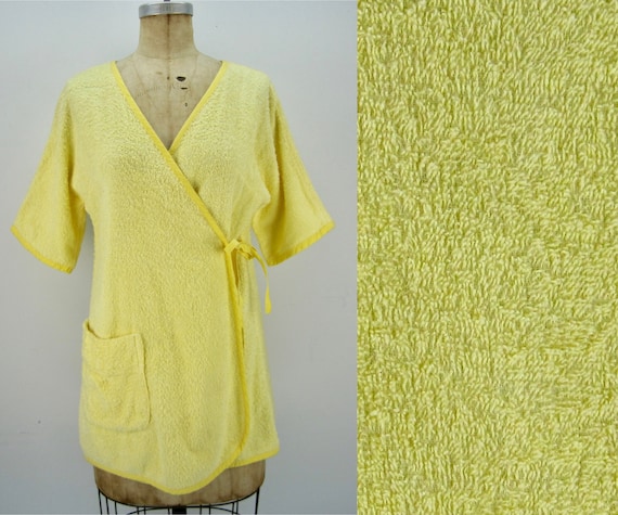 60s yellow cotton terry short wrap robe, beach cov