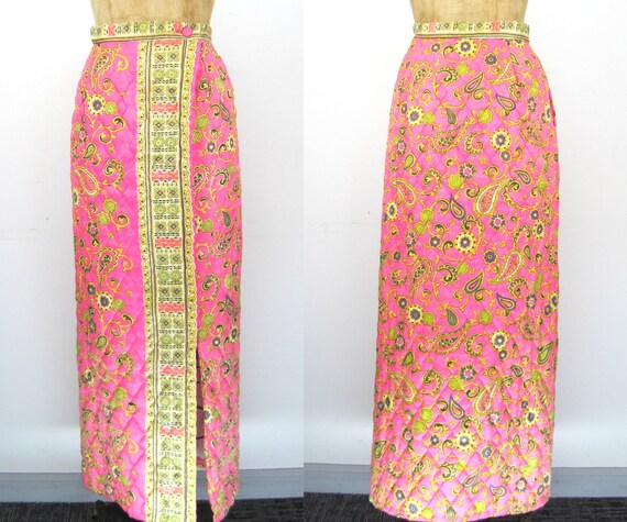 60s quilted maxi skirt, pink maxi skirt, hippie sk