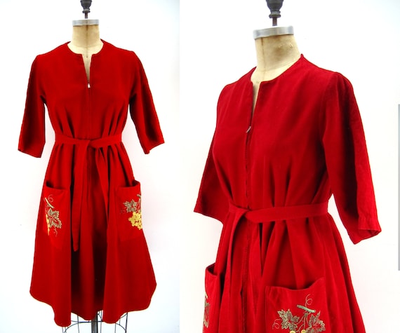 50s 60s cherry red corduroy tent dress, maternity