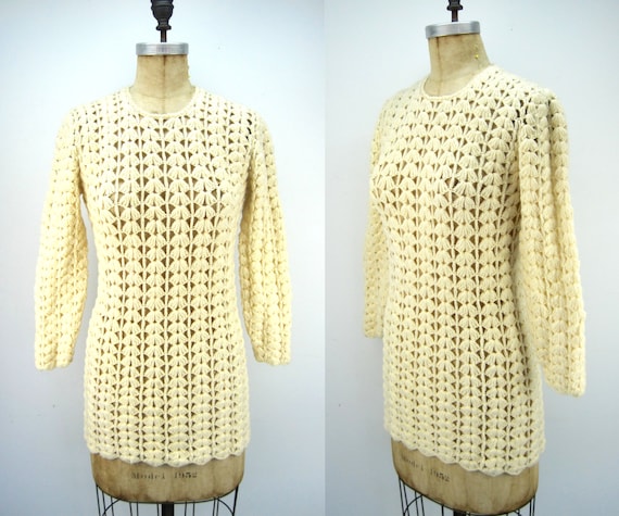 70s wool crochet sweater tunic, 70s mini dress, iv