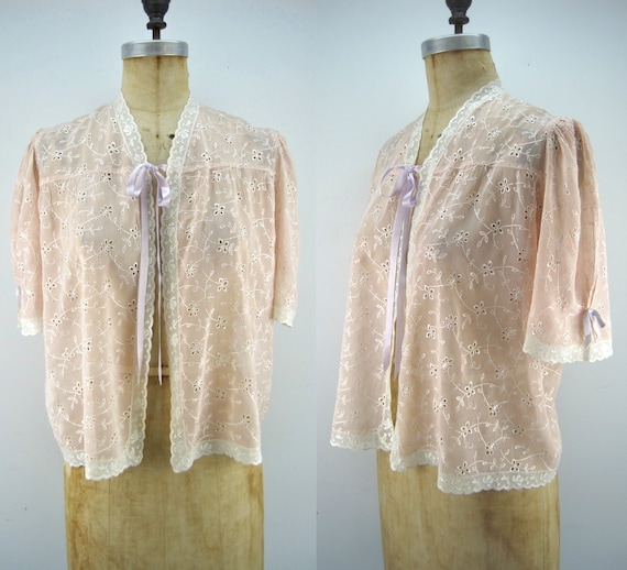 40s rayon bed jacket, peach bed jacket, embroidere