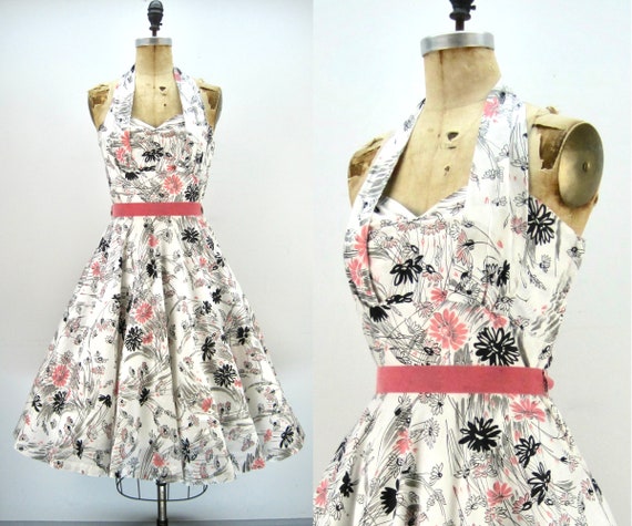 50s halter sundress, floral print, circle skirt