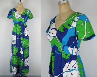 Vintage 70s Waltah Clarke maxi dress, Hawaiian dress, barkcloth dress