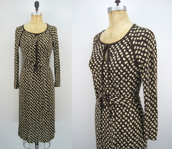 70s DVF dress, jersey DVF dress, brown cream jerse