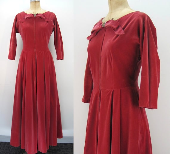 50s red velveteen hostess gown, Manon for Bergdorf