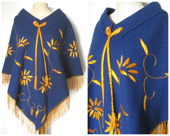 Vintage 70s poncho, 1970s poncho, blue wool poncho