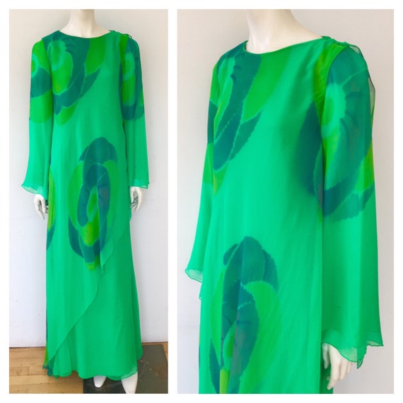 Vintage Travilla 70s silk hand painted chiffon max