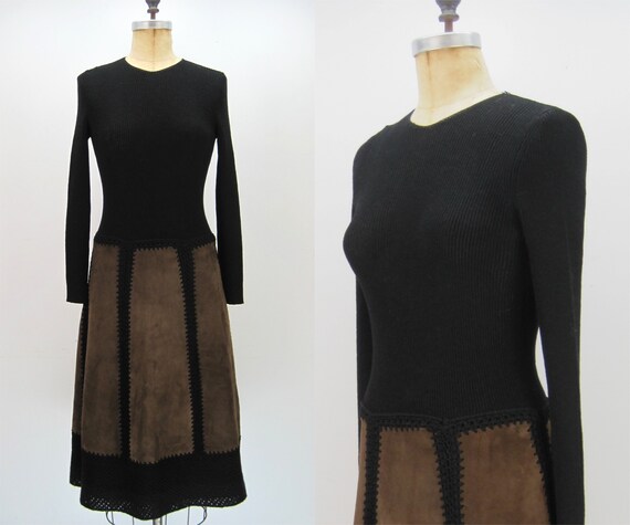 60s 70s Goldworm dress, knit crochet and suede dre