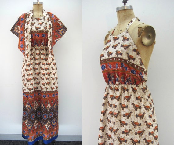 60s/70s border print halter maxi dress, dress and
