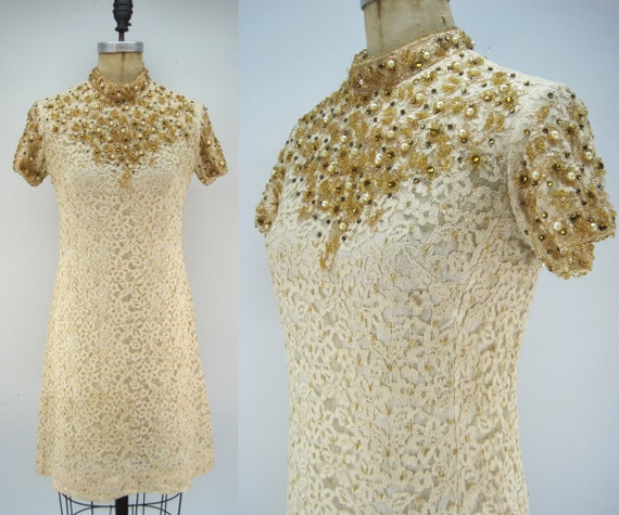 Vintage 60s lace shift dress with beading, spider