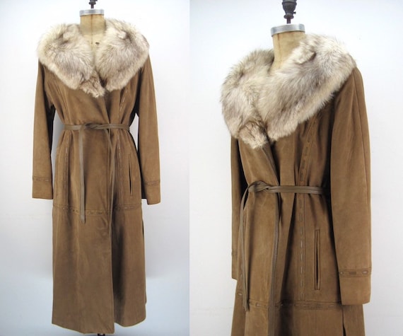 Vintage 60s 70s suede and fur midi coat, wrap coa… - image 1