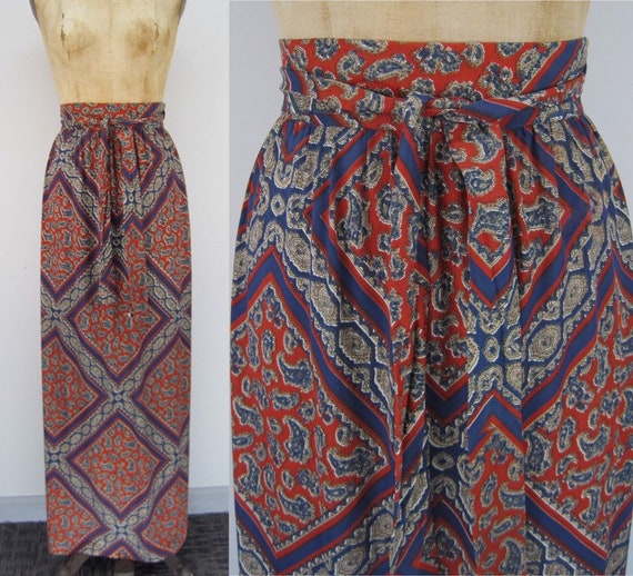 70s wrap skirt, maxi wrap skirt, bandana print