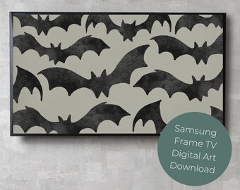 May include: A digital art print featuring a pattern of black bats on a light gray background. The print is framed in a black frame. The text "Samsung Frame TV Digital Art Download" is visible in the lower right corner of the image.