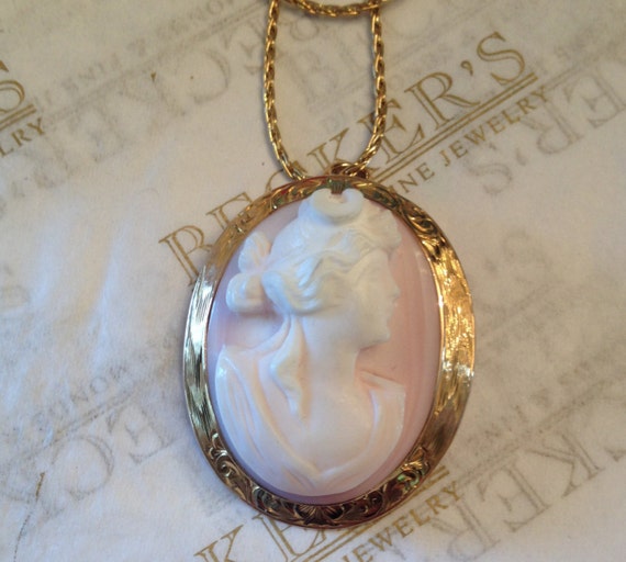 Art Deco 14k Yellow Gold Angel Skin C Cameo Pin Pendant Combination In Etched Frame On A 20 Wheat Chain