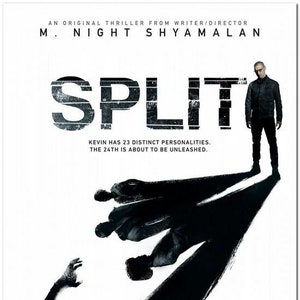 May include: Movie poster for the thriller film "Split" directed by M. Night Shyamalan. The poster features a black and white image of a man's silhouette falling from the sky. The text "SPLIT" is in large, bold letters at the top of the poster. The text "KEVIN HAS 23 DISTINCT PERSONALITIES. THE 24TH IS ABOUT TO BE UNLEASHED." is below the title. The text "JANUARY" is at the bottom of the poster.