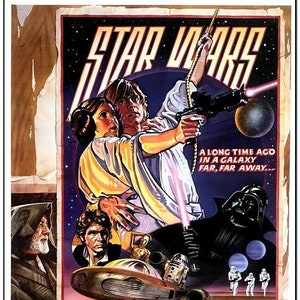 May include: A vintage movie poster for Star Wars, featuring Luke Skywalker, Princess Leia, Han Solo, Darth Vader, and Chewbacca. The poster has a yellow, orange, and blue color scheme with the text "Star Wars" in large, white letters at the top. The text "A long time ago in a galaxy far, far away..." is in the bottom right corner. The poster also includes the names of the actors and the director.