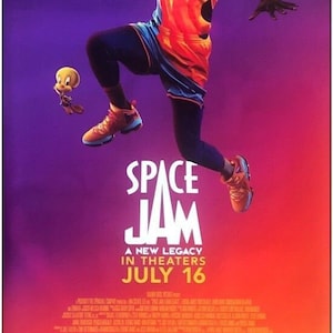 May include: A movie poster for Space Jam: A New Legacy, featuring LeBron James in a basketball uniform, jumping in the air with a basketball. The poster has a purple and orange gradient background with the title "Space Jam: A New Legacy" in white text. The text "A New Legacy" is smaller and in a different font than the title. The text "In Theaters July 16" is at the bottom of the poster in white text. The poster also features several Looney Tunes characters, including Bugs Bunny, Daffy Duck, Tweety Bird, and Porky Pig.