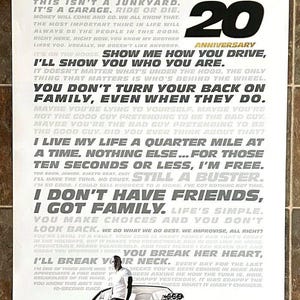 May include: A poster commemorating the 20th anniversary of the Fast & Furious film franchise. The image shows a classic car with a man posing beside it, and text from the film. The poster is mounted on a wall.
