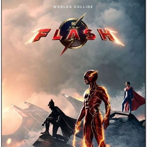 May include: Movie poster for "The Flash" featuring a red and yellow superhero costume with lightning bolts. The poster also features Batman and Superman. The text "Worlds Collide" and "June 16" are visible.
