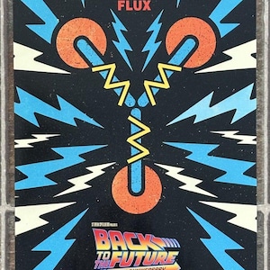 May include: A poster for the 40th anniversary of "Back to the Future." The design features a black background with blue and white lightning bolts, orange circles, and yellow zigzags. The text "FEEL THE FLUX" is at the top.