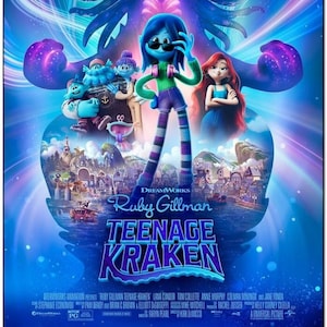 May include: A movie poster for the animated film "Ruby Gillman, Teenage Kraken". The poster features a blue-skinned girl with green hair and sunglasses, standing in front of a purple kraken. The text "DreamWorks" and "Ruby Gillman, Teenage Kraken" is displayed on the poster.