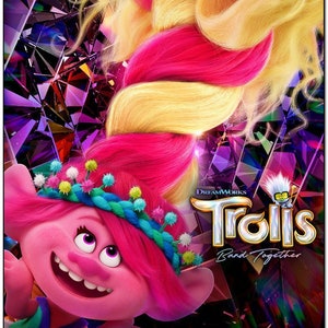 May include: A movie poster for the animated film "Trolls: Band Together" featuring two pink trolls with colorful hair. The troll on the top is upside down with yellow and pink hair. The troll on the bottom has pink hair with a blue and green headband. The poster has a purple, pink, and blue background with a diamond pattern.