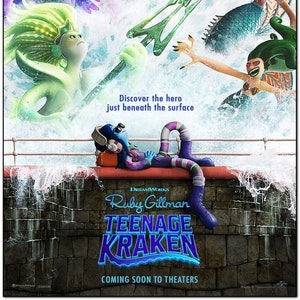 May include: Movie poster for the animated film "Ruby Gillman, Teenage Kraken". The poster features a blue, green, and purple kraken with a trident, surrounded by water. The text "Discover the hero just beneath the surface" is written in white on a blue background. The title of the film is written in large, colorful letters.