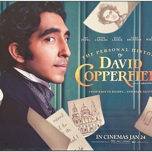 May include: A movie poster for the film "The Personal History of David Copperfield" featuring Dev Patel as David Copperfield. The poster is blue with white text and a drawing of a church in the background.