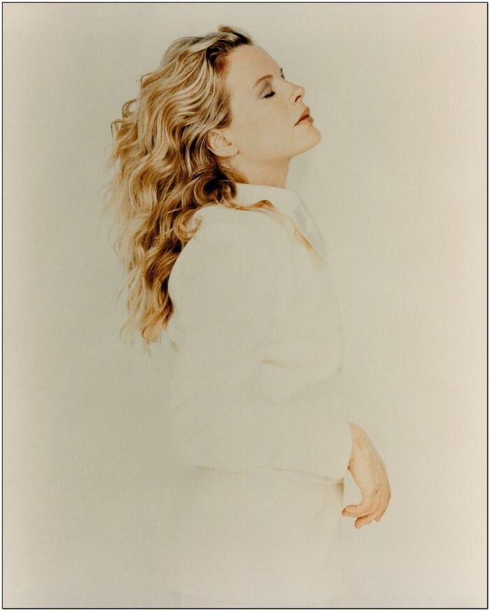 KIM BASINGER - 8x10 Glossy Still Portrait Photo - Color Reproduction #3 - Standing - White Dress - Eyes Closed