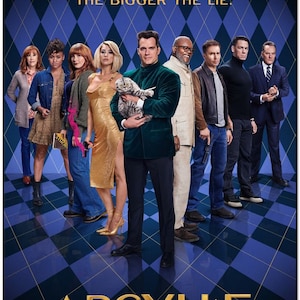May include: A movie poster for the film "Argylle" featuring a cast of actors including Henry Cavill, Bryce Dallas Howard, Sam Rockwell, Bryan Cranston, Catherine O'Hara, Dua Lipa, Ariana DeBose, John Cena, and Samuel L. Jackson. The poster features a blue and gold checkered background with the title "Argylle" in gold letters. The tagline reads "The greater the spy, the bigger the lie."