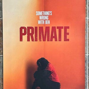 May include: Movie poster with the title "PRIMATE" in large red letters. The poster features a chimpanzee wearing a red shirt, sitting in a corner. The text "SOMETHING'S WRONG WITH BEN" is above the title. A teddy bear is on the floor.