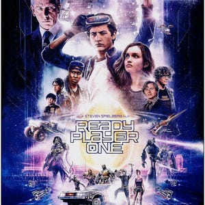 May include: A movie poster for the film "Ready Player One" featuring a futuristic cityscape and characters from the film. The poster is blue and purple with a large, white title. The text "An adventure too big for the real world" is at the top of the poster.