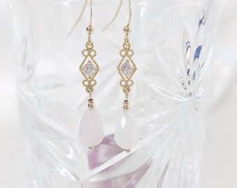 Rose quartz earrings, 14ct real yellow gold filled natural gemstones healing tear drop dangle earrings, gold plated earrings