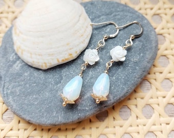Carved mother of pearl rose and opalite drop & dangle earrings,14ct real gold filled natural gemstones teardrop drop dangle earrings