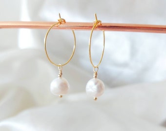 Genuine baroque freshwater pearls clip on , gemstones 20mm hoop earrings, gold plated surgical steel hoops,14ct gold filled hoop earrings